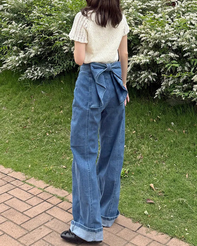 Back ribbon frill denim pants