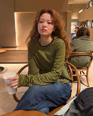Round neck striped long T-shirt