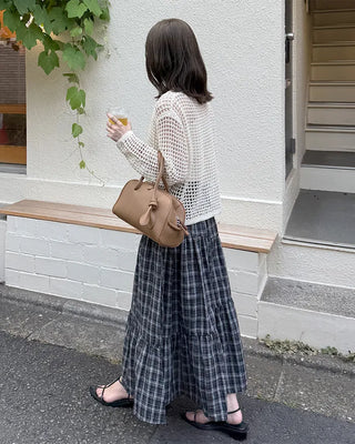 Checked banded long skirt