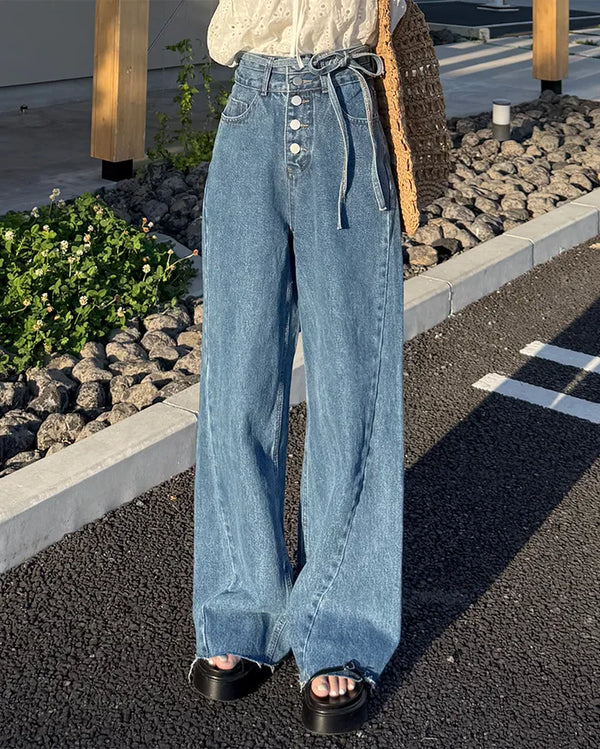 High-waisted denim pants with button strings