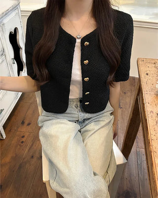 Heart gold button short-sleeved tweed jacket