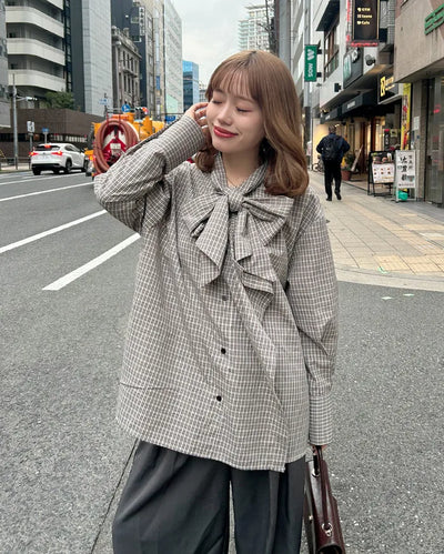 Checked ribbon tie blouse