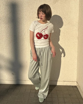 Waistband string silk wide-leg pants