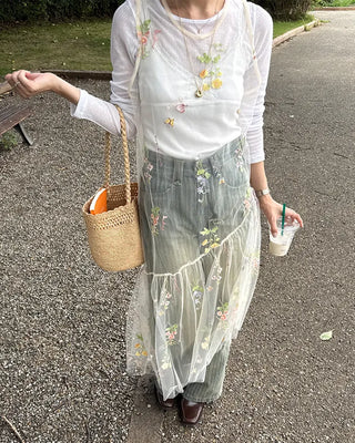 Flower embroidered sheer midi dress