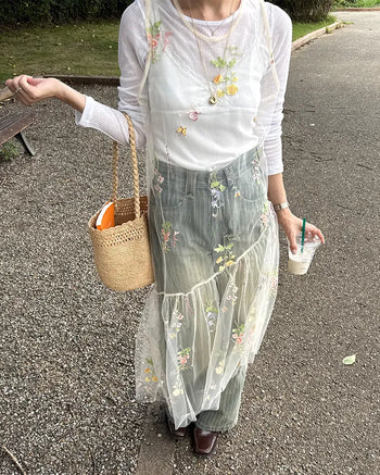 Flower embroidered sheer midi dress