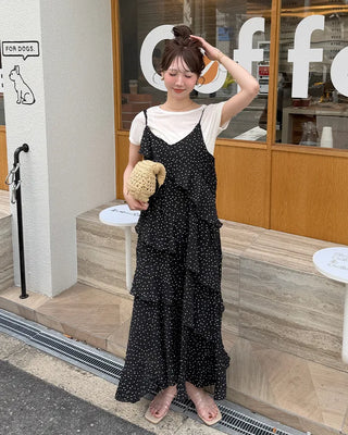 Wrinkle Dot Frill Long Dress