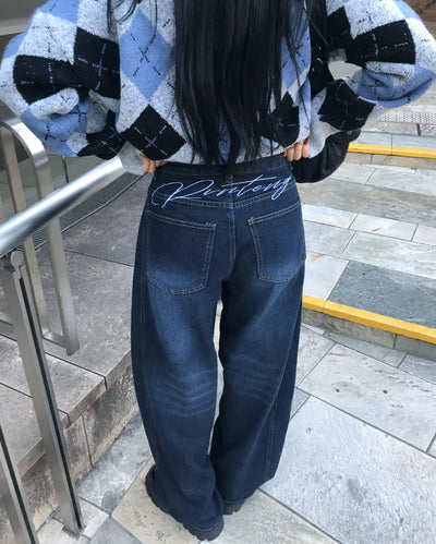 Hip-stitch washed denim pants