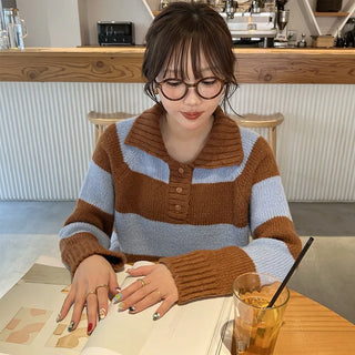 Striped button collar knit