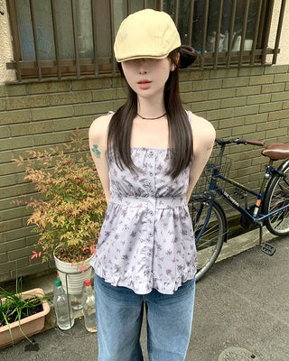 Flower Button Back Banding Sleeveless Blouse