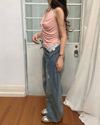 Halter neck shirred sleeveless top