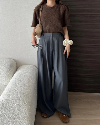 High-waisted, pleated long wide slacks