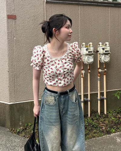 Flower Button Cropped T-Shirt