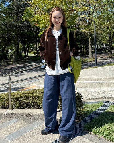 Suede stripe elastic waist pants