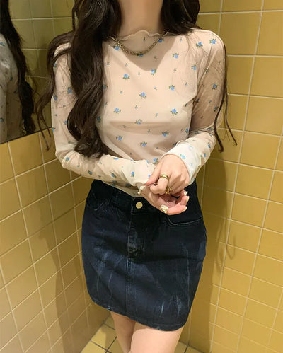 Sheer Flower Long T-Shirt