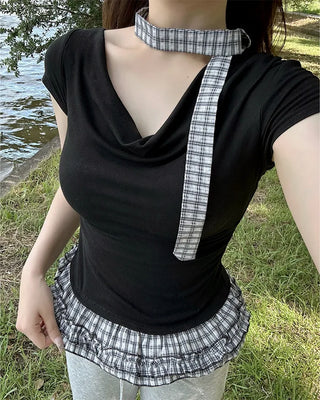 Checked frill shirred half-sleeve T-shirt