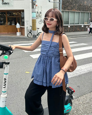 Checked Shirred Camisole Blouse & Scarf Set
