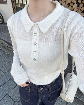 See-through half-open collar knit