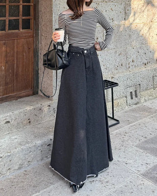 Flared long denim skirt