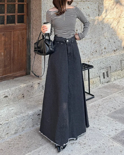 Flared long denim skirt