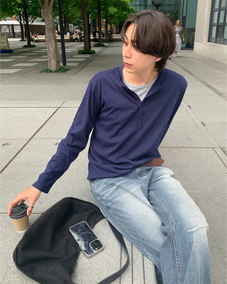Layered Henley Neck Point Long-Sleeve T-Shirt