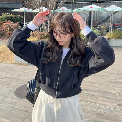 Basic Cropped Hooded Zip-Up