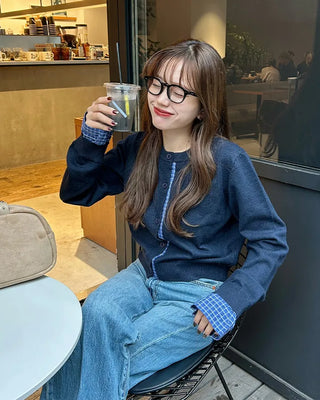 Checked two-tone knit cardigan