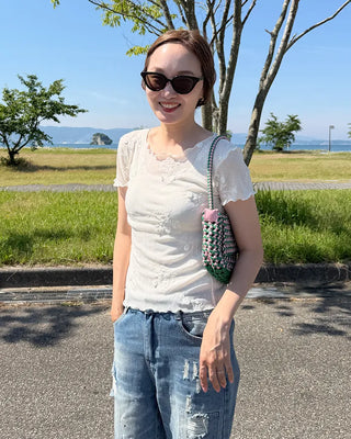Flower Sheer Scallop Short Sleeve T-Shirt