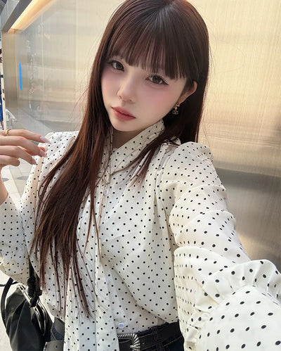 Polka Dot Ribbon Tie Blouse