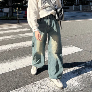 Washed wide denim pants