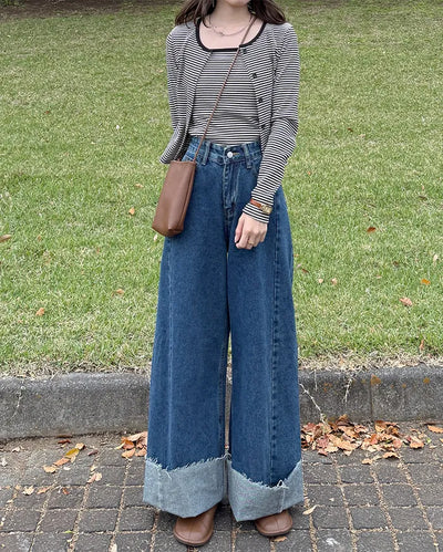 Side pintuck wide denim pants