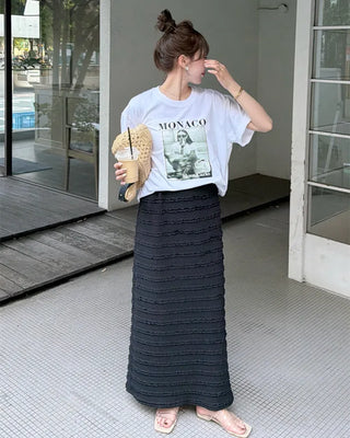 Frilled elastic waist long skirt