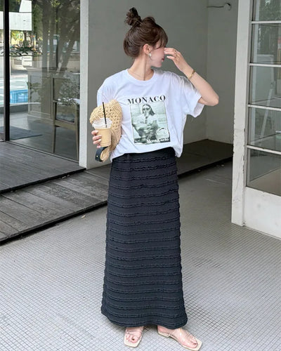 Frilled elastic waist long skirt