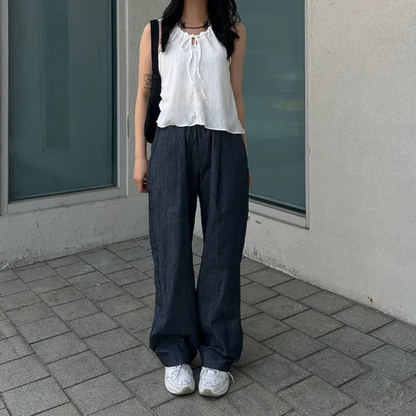Denim linen wide-leg pants