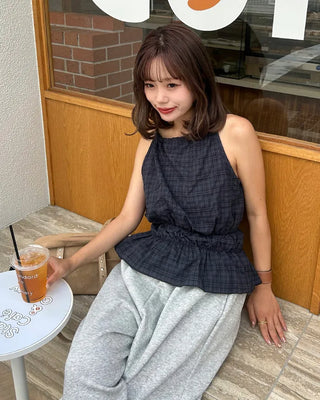 Checked halter neck sleeveless top