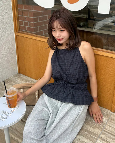 Checked halter neck sleeveless top