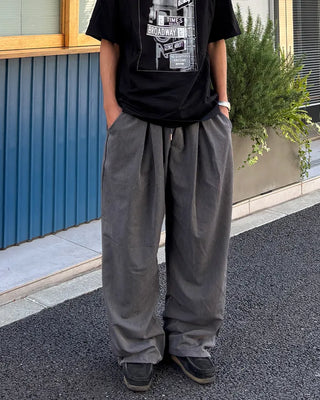 Wide-leg slacks with elastic waistband