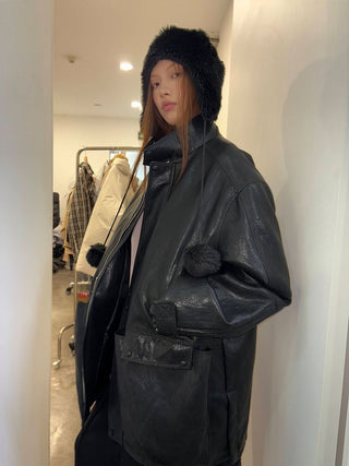 [NeverSeez] Padded PU Leather Trench Coat