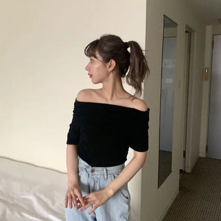Shirred open shoulder T-shirt