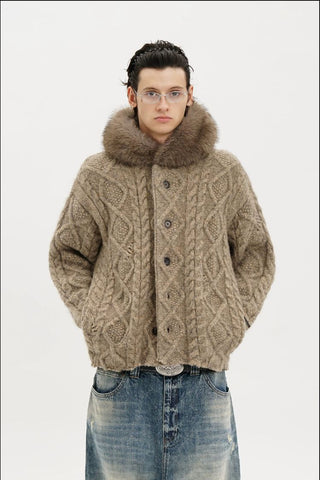 [MASONPRINCE] Cable Knit Fur Collar Wool Blend Cardigan