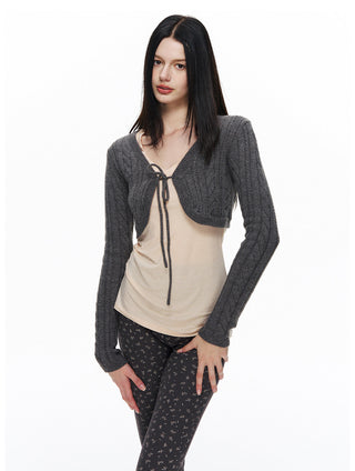 [NECY] Cozy Cable Ribbon Tie Bolero Cardigan (2color)
