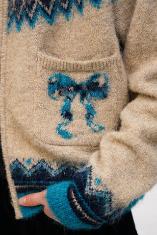 [Moromoro2] Fair Isle Bow Pocket Retro Collar  Cardigan