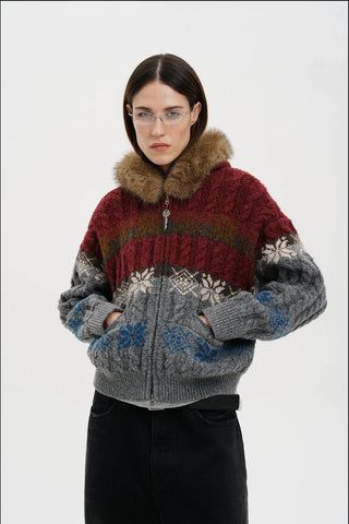 [MASONPRINCE] Fair Isle Fur Hood Wool Blend Cardigan