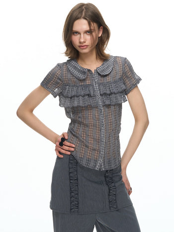 [NECY] Purple Grey Ruffle Plaid Shirt