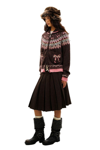 [Moromoro2] Fair Isle Bow Pocket Retro Collar  Cardigan