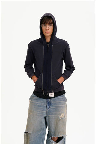 [MASONPRINCE] Bear Print Layered Zip-Up Hoodie