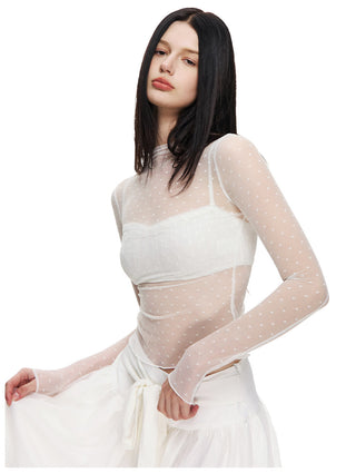 [NECY] Love Dot Lace Inner Top & Bat Sleeve Tie Cardigan