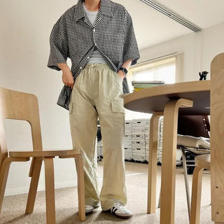 Linen check open collar shirt
