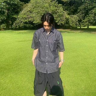 Stitched raw denim shirt