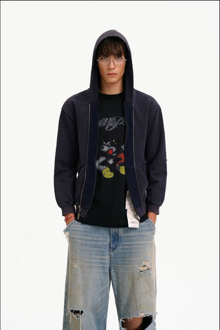 [MASONPRINCE] Bear Print Layered Zip-Up Hoodie