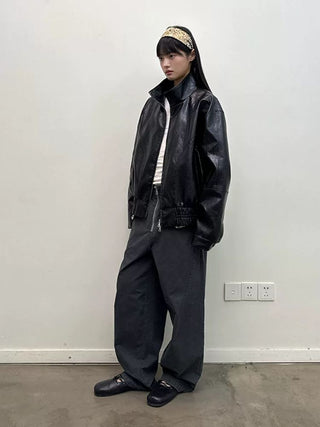 [NEVERSEEZ] Stand Collar Oversized PU Jacket